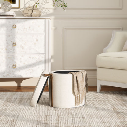 Brandy - Round Upholstered Storage Ottoman With Leather Accent - Flax White