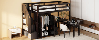 Twin Size Loft Bed With Stairs, Bookshelf, Drawers, Desk & Wardrobe, Space Saving Multifunctional Furniture - Espresso