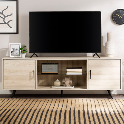 Mid-Century Modern 2 Door 70" TV Stand For 80" TVs With Glass Shelf - Slate Gray