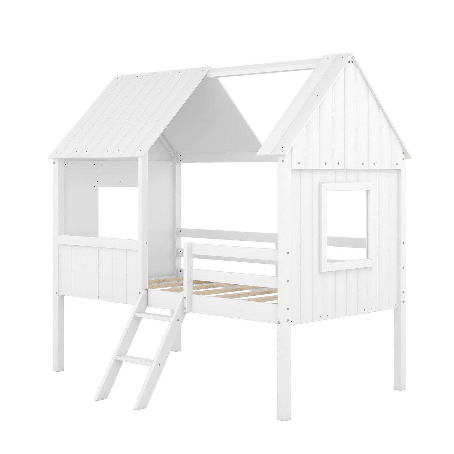 Twin Size Low Loft House Bed With Two Side Windows - White
