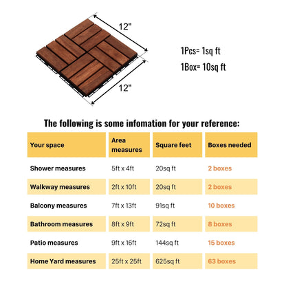 Acacia Wood Interlocking Deck Tiles Checker Pattern, 10 Piece Square Acacia Hardwood Outdoor Flooring For Patio, Bancony, Pool Side - Brown