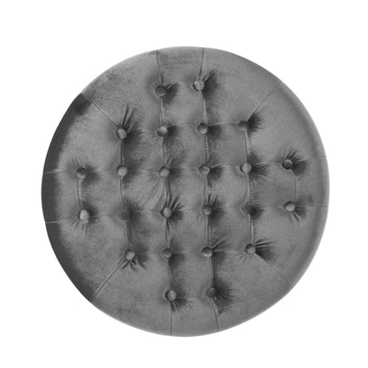 Elegant Round Ottoman Footstool With Velvet Upholstery And Studded Rim - Gray