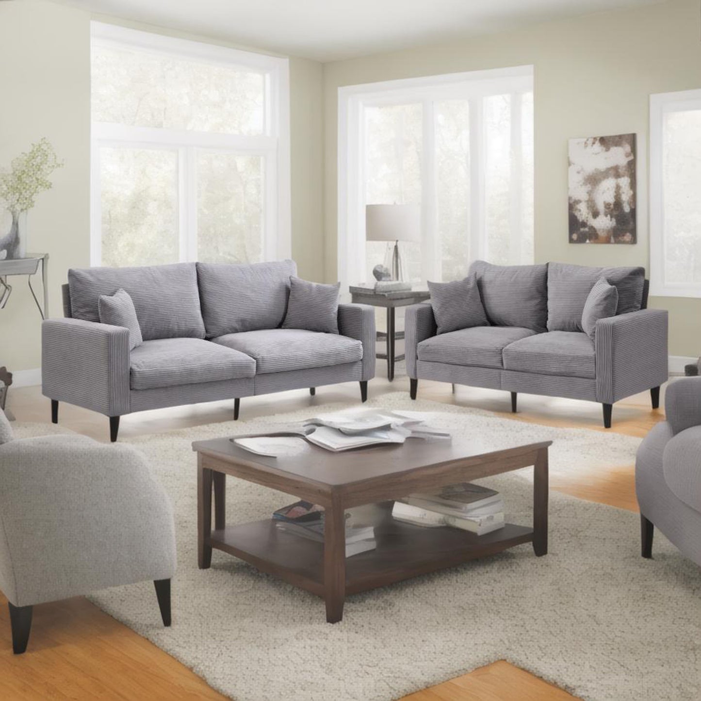 Modern Upholstered 2 Piece Sofa Set With 3 Seater And 2 Seater For Living Room - Light Gray