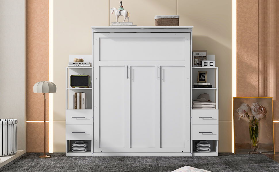 Queen Size Murphy Wall Bed With Shelves, Drawers And LED Lights - White