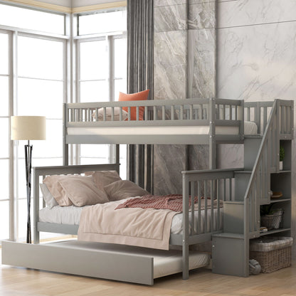 Twin Over Full Bunk Bed With Trundle And Staircase - Gray