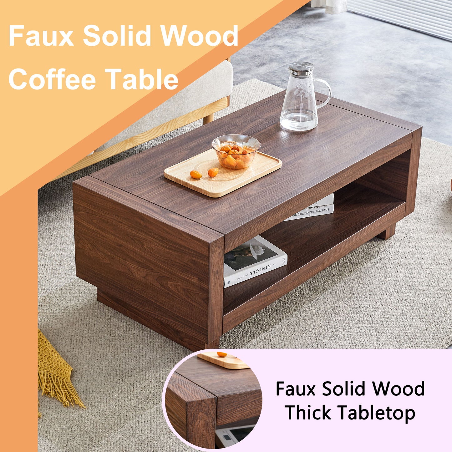 Modern Minimalist Rectangular Coffee Table Measuring Embodies The Simple Charm Of Mid Century Aesthetics, Adding A Touch Of Elegance To Your Living Room - Walnut