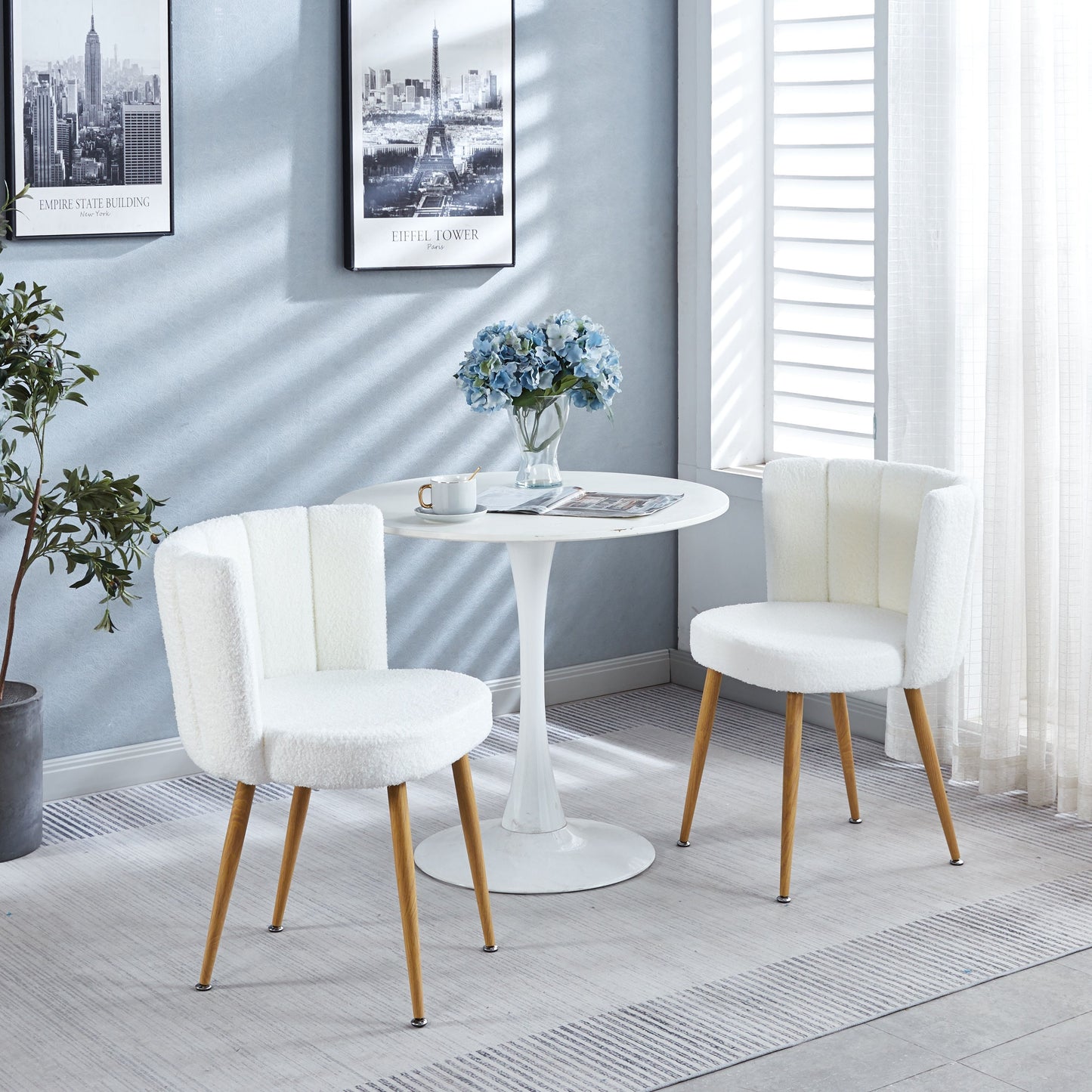 Modern Dining Chair (Set of 2) With Iron Tube Wood Color Legs, Shorthair Cushions And Comfortable Backrest, Suitable For Dining Room, Living Room, Cafe, Simple Structure - White