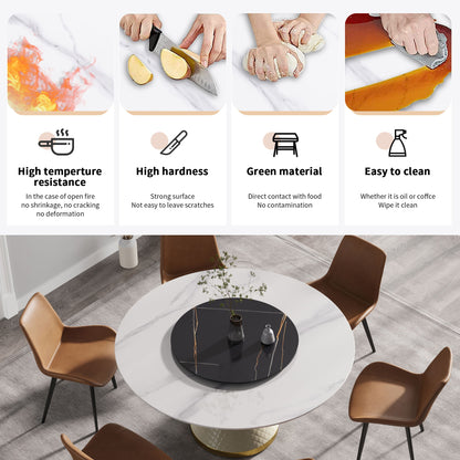 59.05" Modern Artificial Stone Round Carbon Steel Base Dining Table, Black Artificial Stone Turntable - White