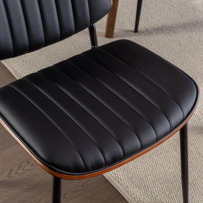 Dining Chairs Mid-Century Modern Retro Faux Leather Chair With Walnut Bentwood Back Upholstered Seat Metal Legs Adjustable Foot For Kitchen Dining Room Chairs (Set of 2) - Black