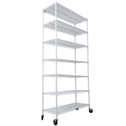 7 Tier Metal Shelf Wire Shelving Unit, 2450Lbs Heavy Duty Adjustable Storage Rack With Wheels & Shelf Liners For Closet Kitchen Garage Basement Commercial Shelving - White