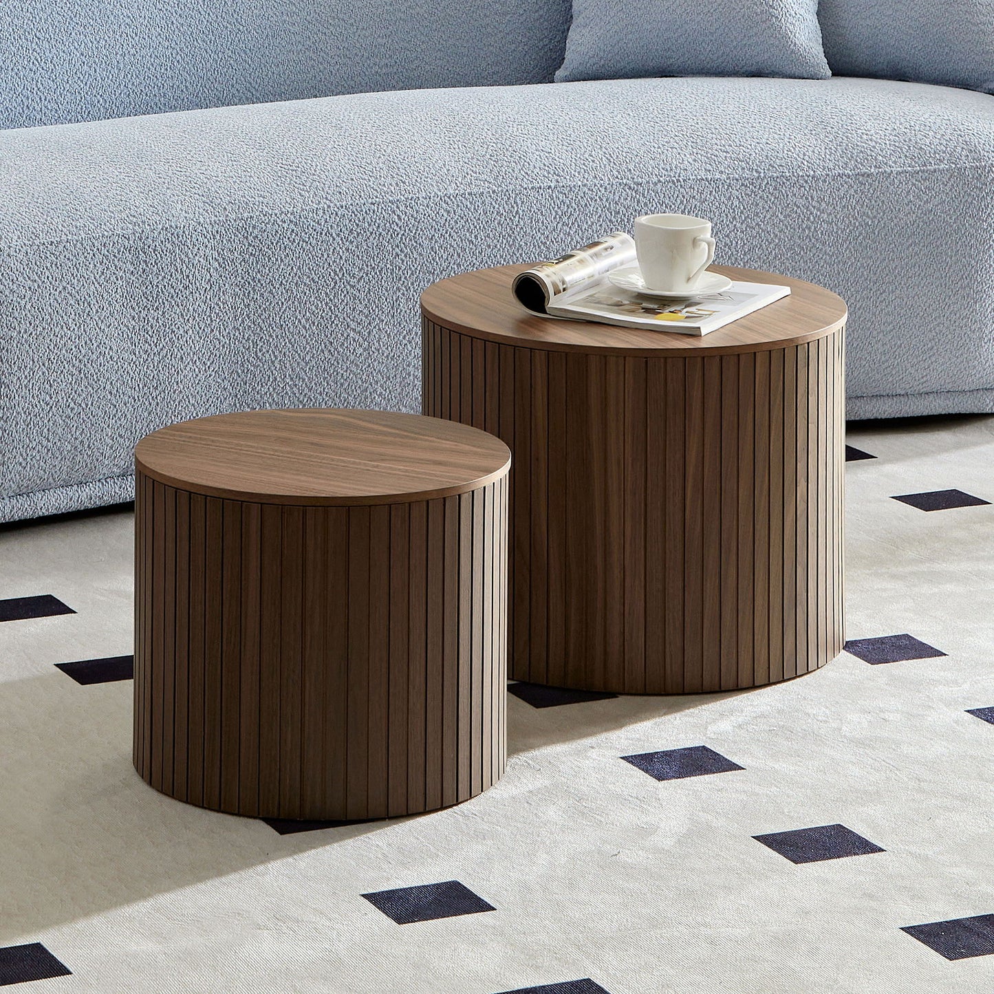 Handcrafted Nested Table Set 2 Pieces, Round Coffee Table - Walnut Color