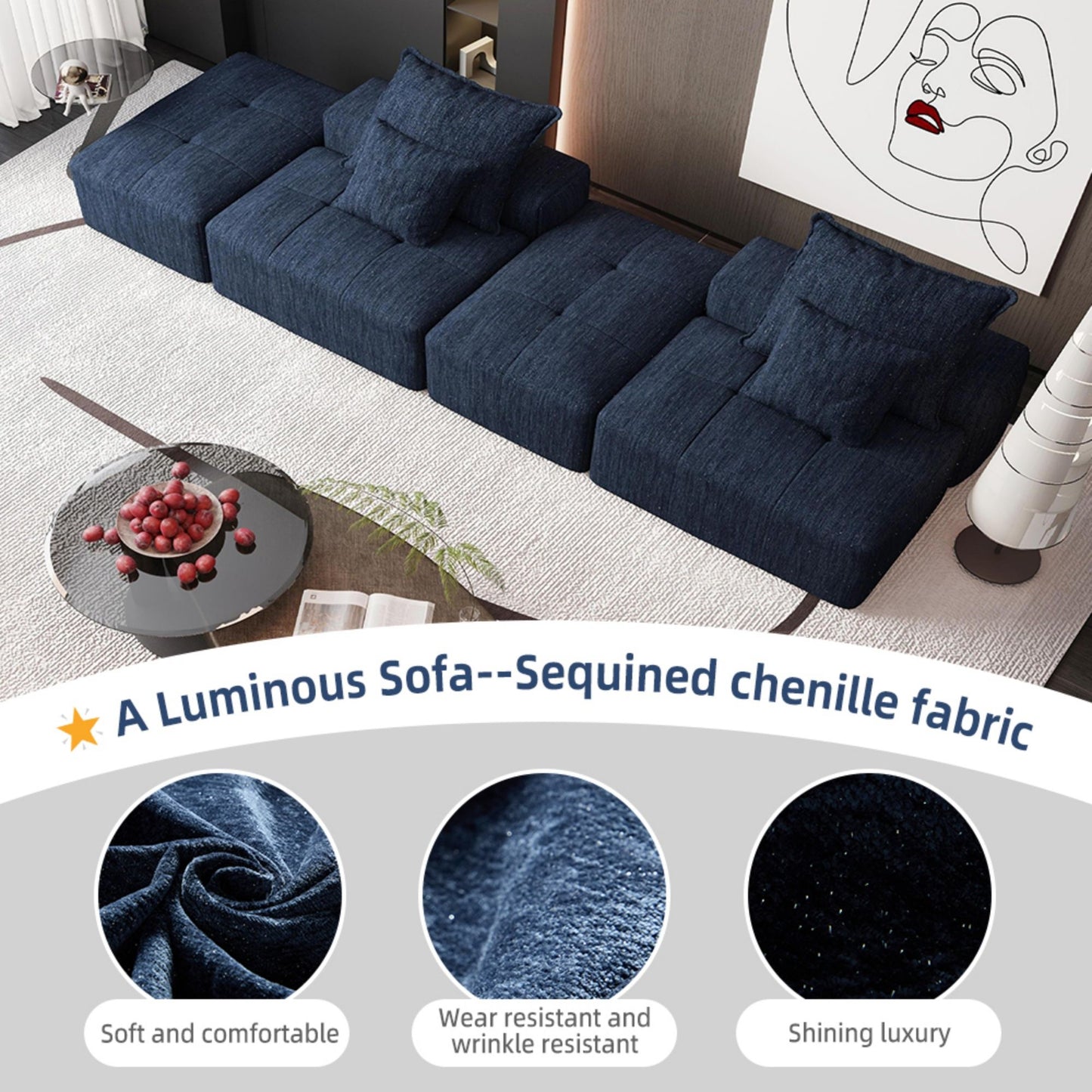 Modern Oversized Modular Sectional Sofa With 2 Ottoman And 2 Seat, Sparkling Chenille Fabric Soft Cushion Sofa With 4 Pillows, 4 Pieces Diy Combination Tufted Sofa, No Assembly Required - Blue