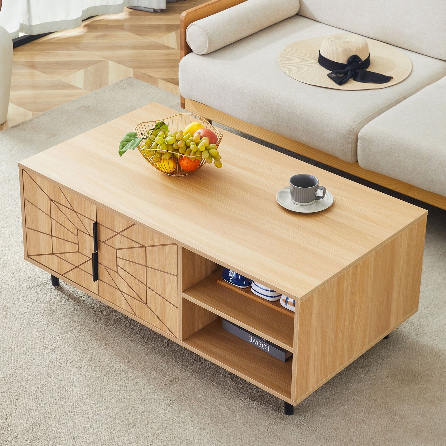 Spider- Web Textured Modern Coffee Table Geometric Art And Practical Design - Natural Wood