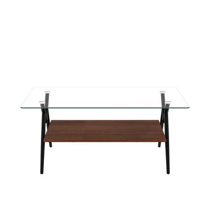 Rectangle Coffee Table With Tempered Glass Top And Metal Legs, Modern Table For Living Room, Transparent Glass - Dark Brown