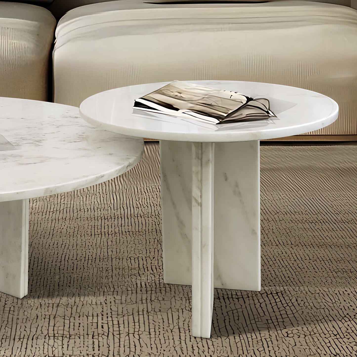 Luxury Snow Mountain Marble Coffee Table Set With Metal Base, Small Living Room Tables - White / Natural
