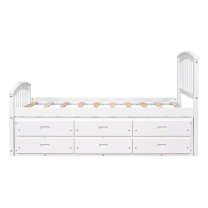 Twin Size Platform Storage Bed Solid Wood Bed With 6 Drawers - White