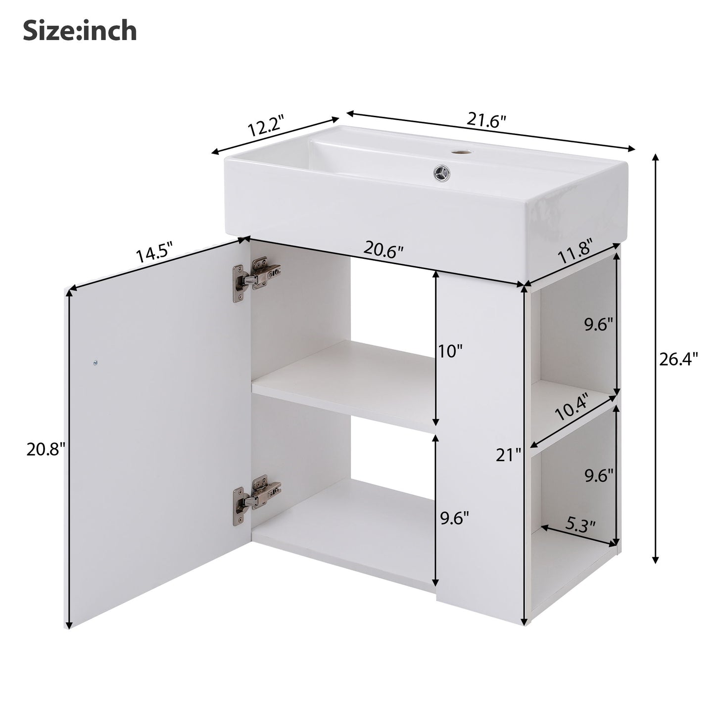 Modern Floating Bathroom Vanity With Ceramic Basin Perfect For Small Bathrooms, Right Side Storage - White