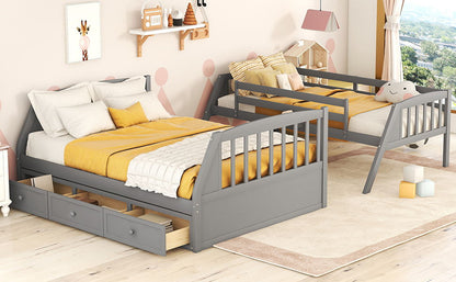 Twin Over Full Bunk Bed With Drawers, Ladder And Storage Staircase - Gray