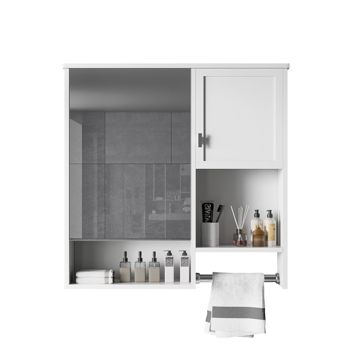 Modern Wall Mounted Bathroom Medicine Cabinet, Bathroom Wall Storage Cabinet With Mirror, Over The Toilet Space Saver Cabinet With Towels Bar - White