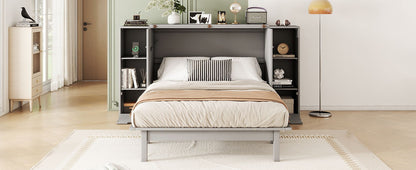 Full Size Murphy Bed With Shelves, Drawers And USB Ports - Gray