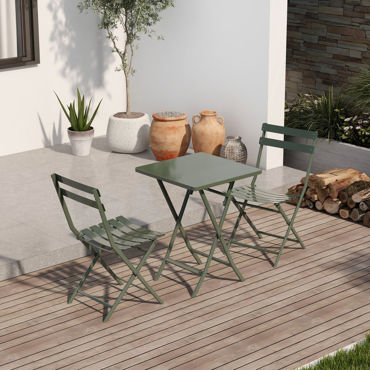 3 Piece Patio Bistro Set Of Foldable Squaretable And Chairs - Dark Green