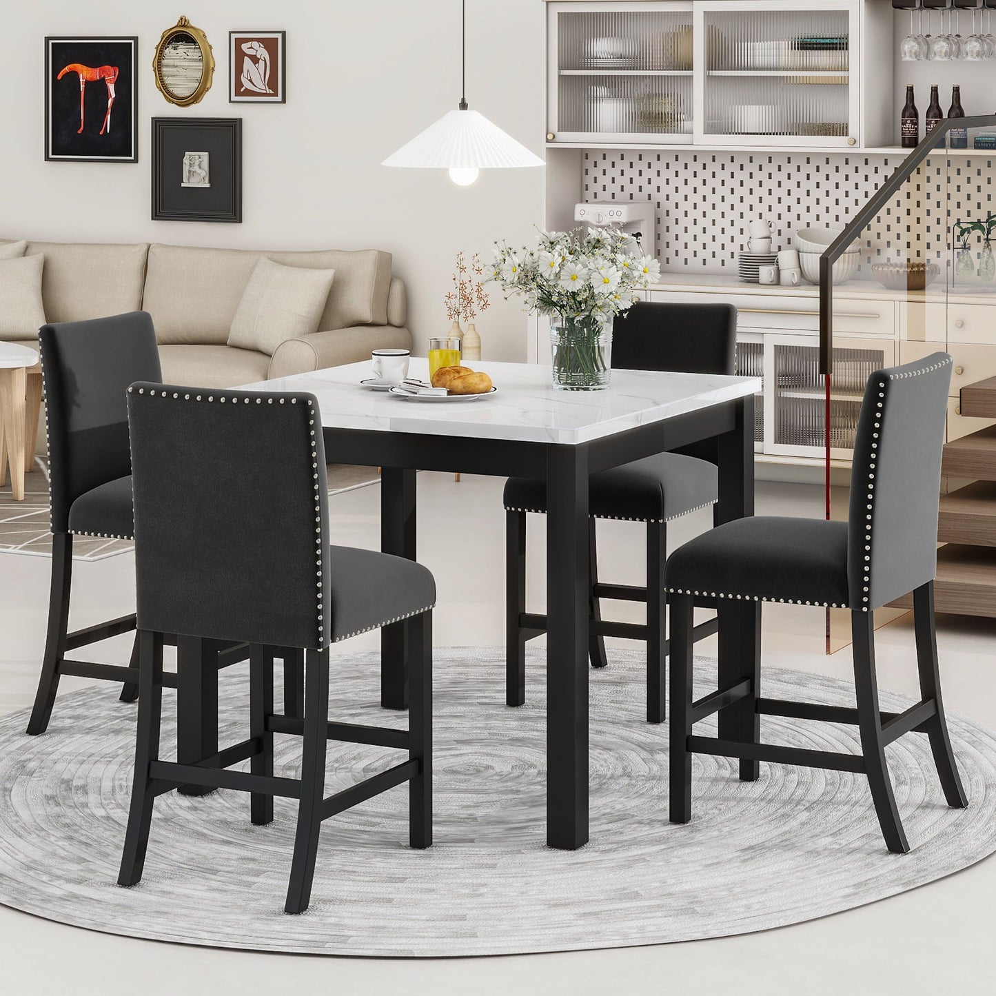 5-Piece Counter Height Dining Table Set With One Faux Marble Top Dining Table And Four Velvet Upholstered Chairs - Black