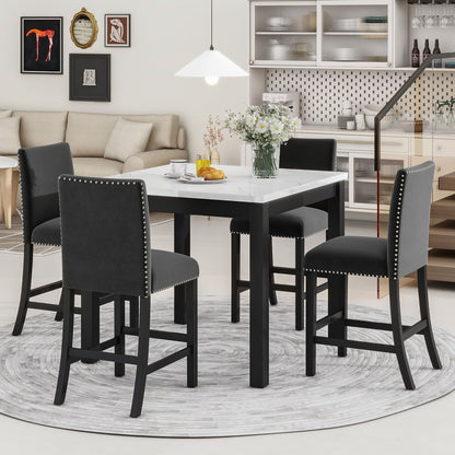 5-Piece Counter Height Dining Table Set With One Faux Marble Top Dining Table And Four Velvet Upholstered Chairs - Black