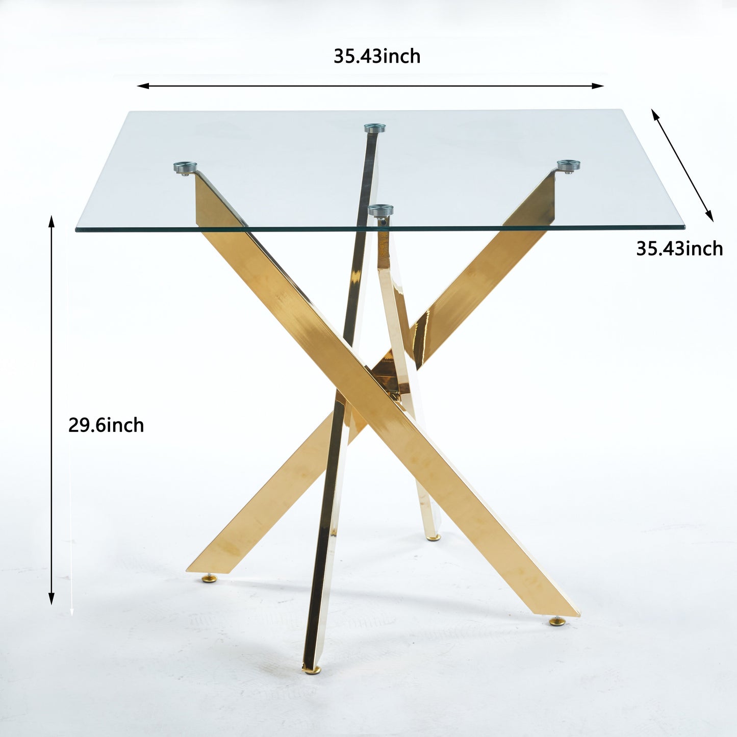 Dining Table With Cross Metal Leg And Tempered Glass, Modern Space Saving Kitchen Table For Living Room, Chrome Legs, Square Table - Golden