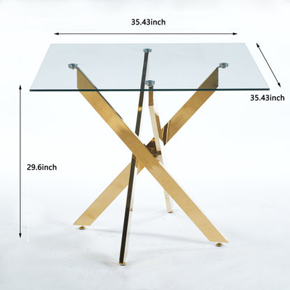 Dining Table With Cross Metal Leg And Tempered Glass, Modern Space Saving Kitchen Table For Living Room, Chrome Legs, Square Table - Golden