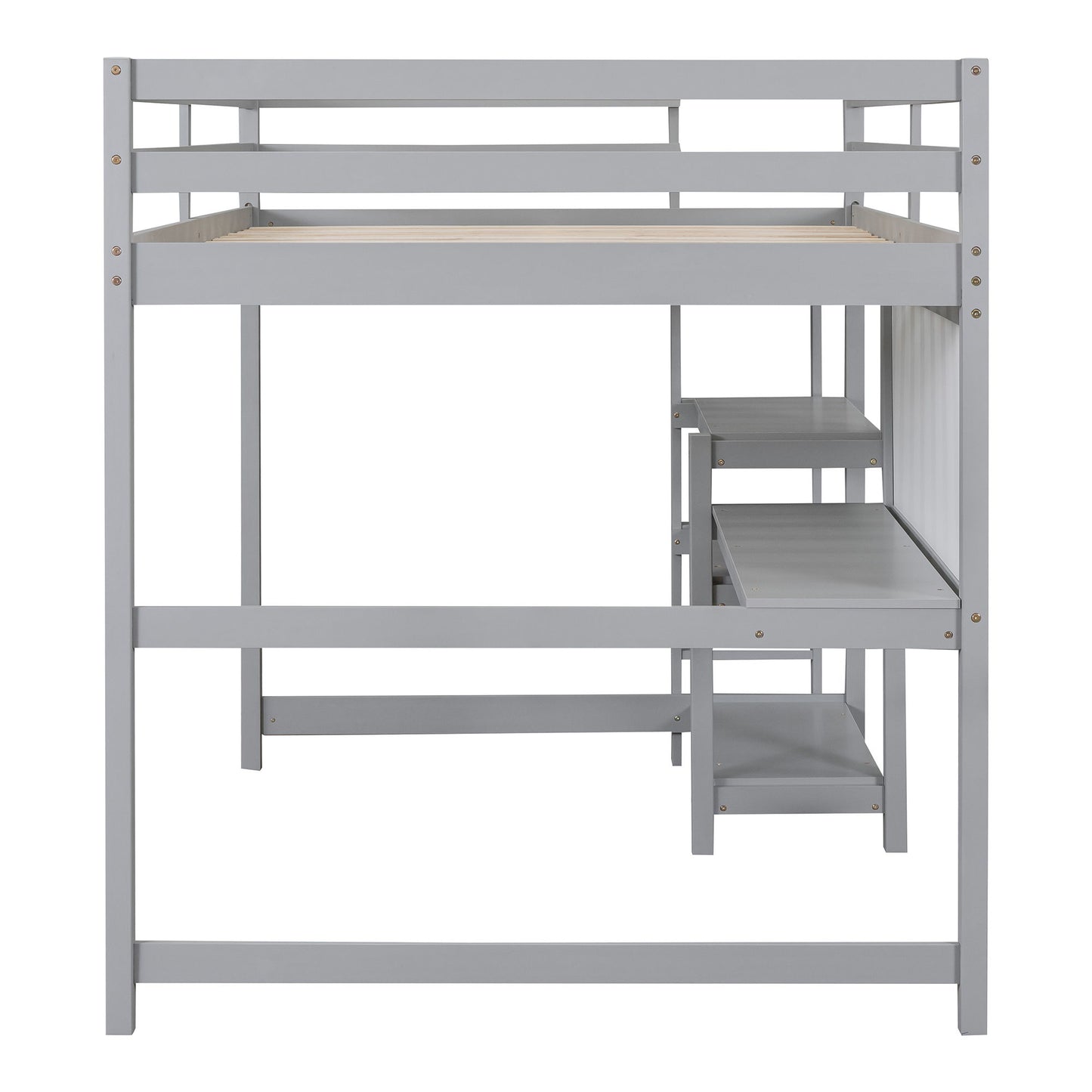 Full Size Loft Bed With Shelves, Desk And Writing Board - Gray