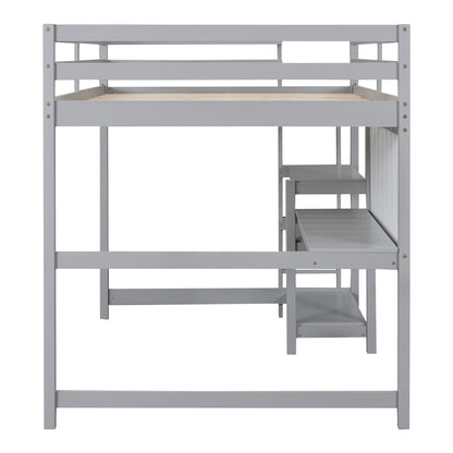 Full Size Loft Bed With Shelves, Desk And Writing Board - Gray