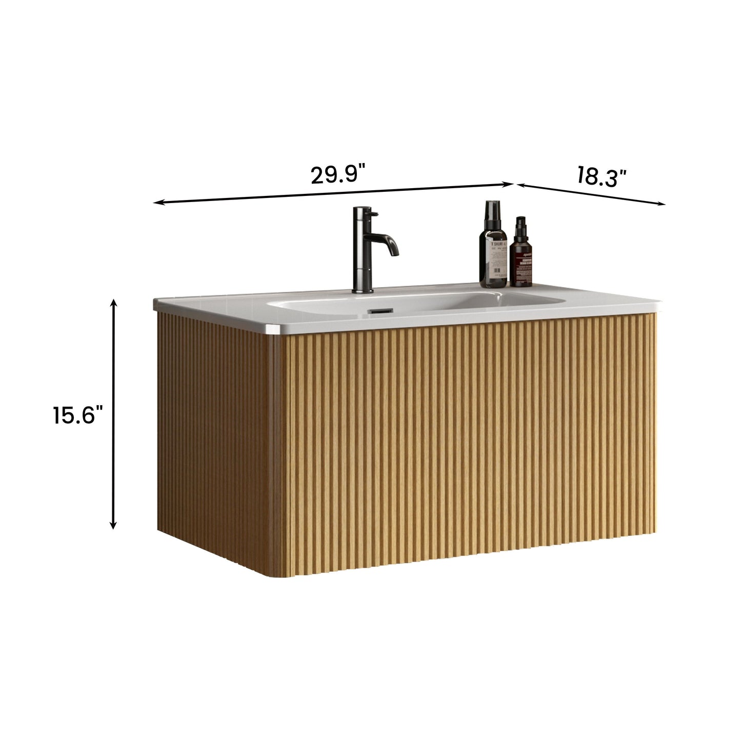 Etna - Striped Natural Oak Bathroom Vanity With White Ceramic Sink, Wall Mounted Floating Bathroom Vanity For Modern Bathroom, One-Piece White Basin Without Drain - White / Oak