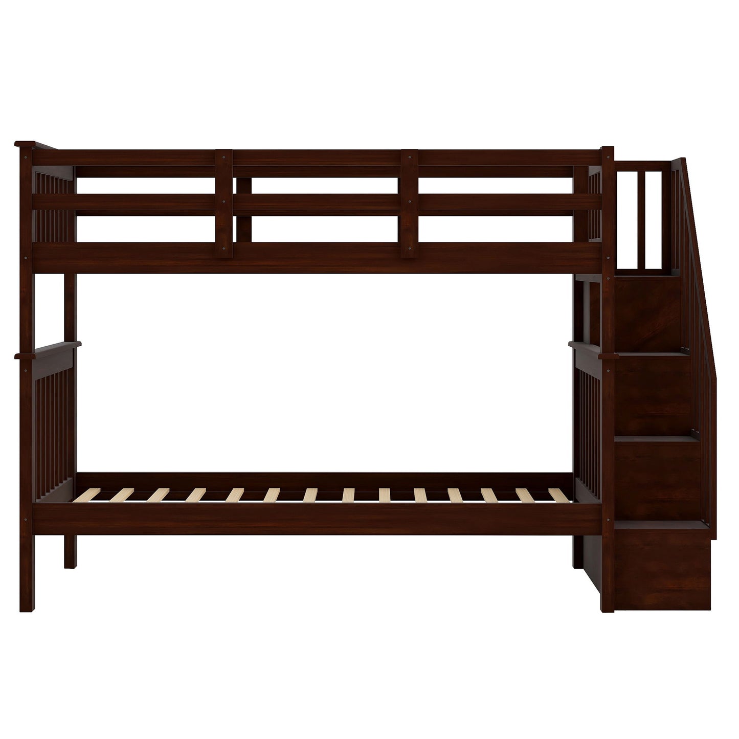 Twin Over Twin Stairway Bunk Bed With Storage And Guard Rail For Bedroom - Espresso