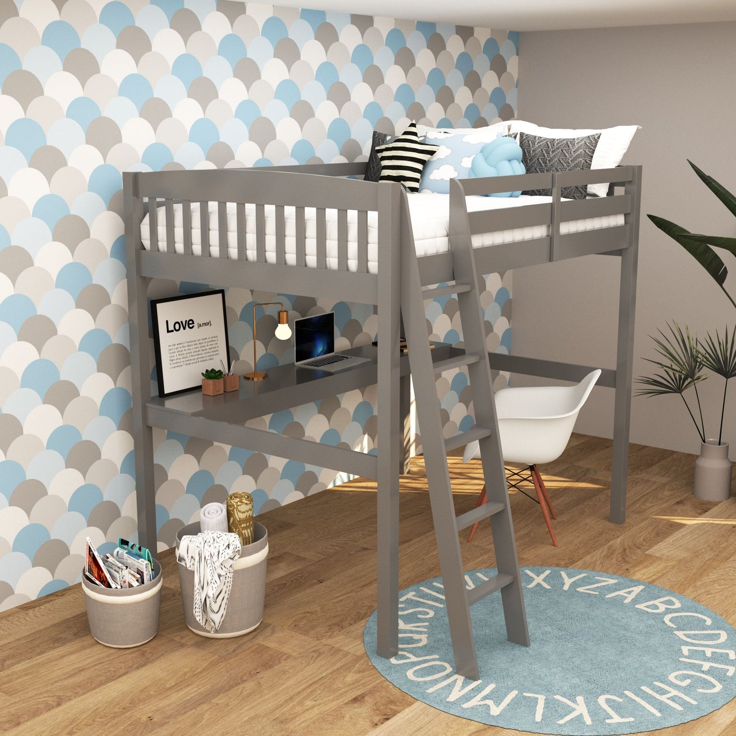 Everest - Full Size For Kids And Toddlers High Loft Bed With Desk And Storage - Gray