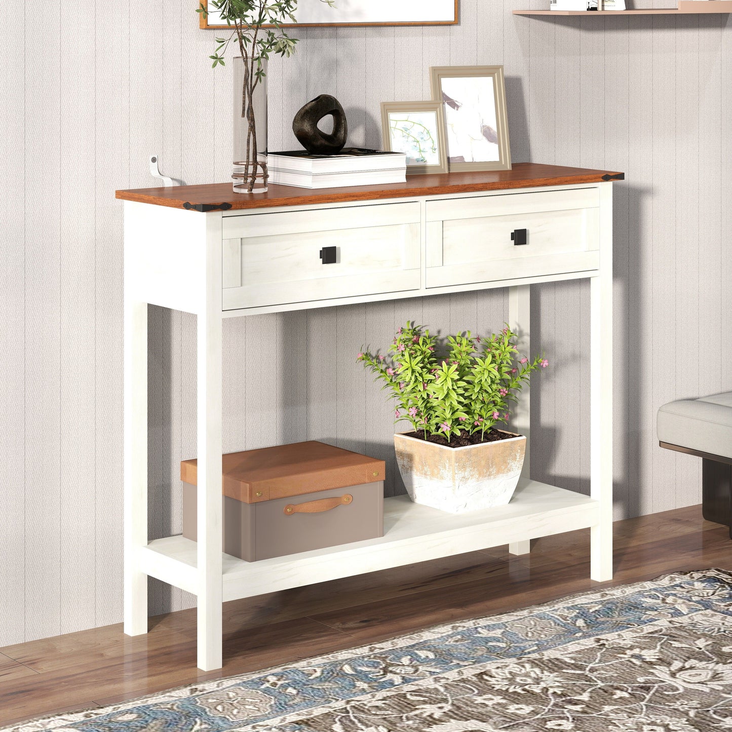 Farmhouse Style Console Table With 2 Drawers And Bottom Storage Shelf - Antique White
