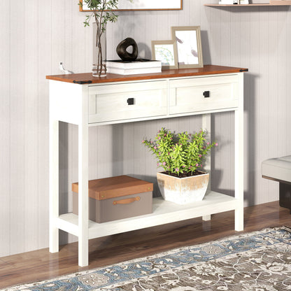 Farmhouse Style Console Table With 2 Drawers And Bottom Storage Shelf - Antique White
