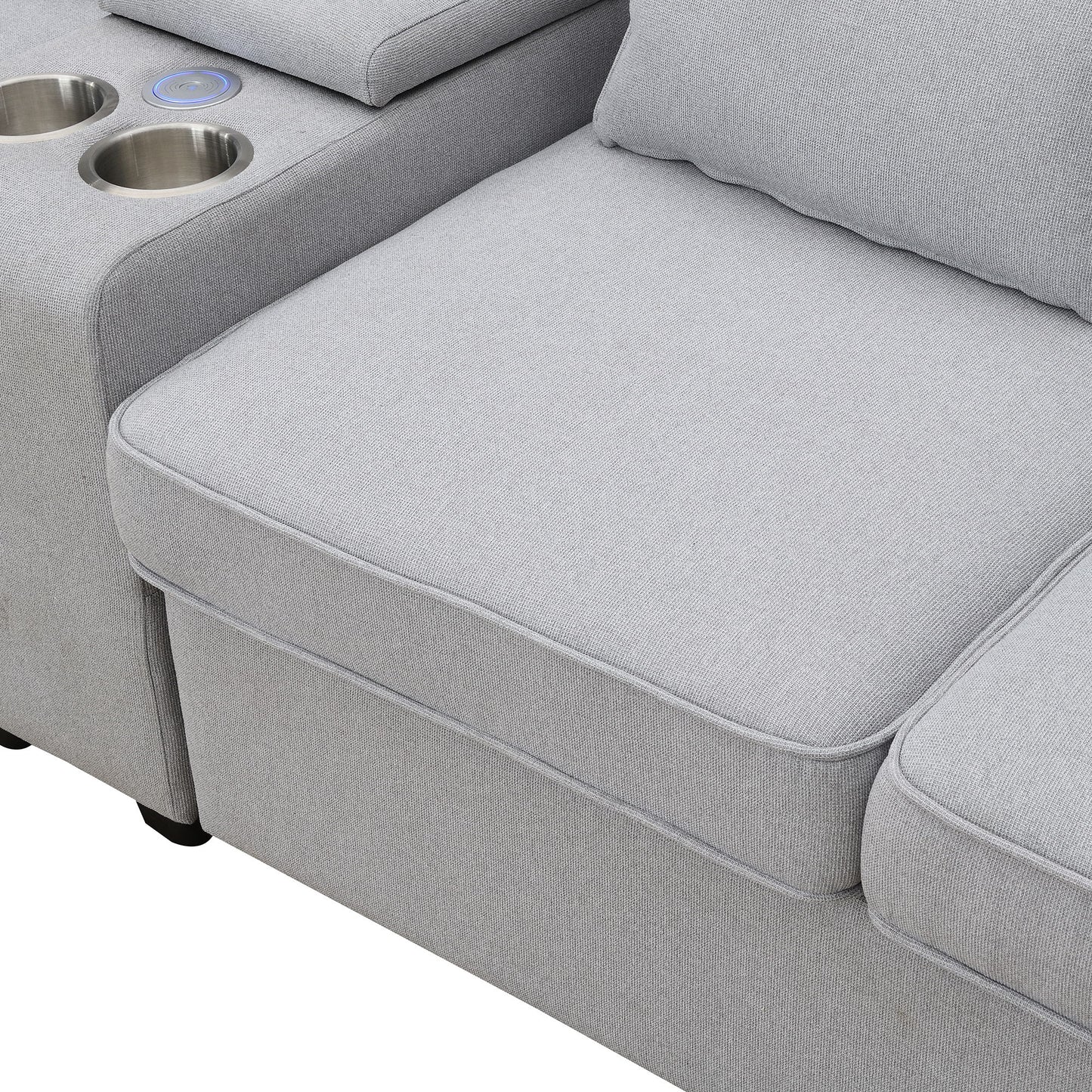 Upholstered Sofa With Console, 2 Cupholders And 2 USB Ports Wired Or Wirelessly Charged, Modern Linen Fabric Couches With 4 Pillows (4 Seat) - Light Gray