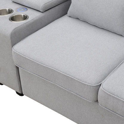 Upholstered Sofa With Console, 2 Cupholders And 2 USB Ports Wired Or Wirelessly Charged, Modern Linen Fabric Couches With 4 Pillows (4 Seat) - Light Gray