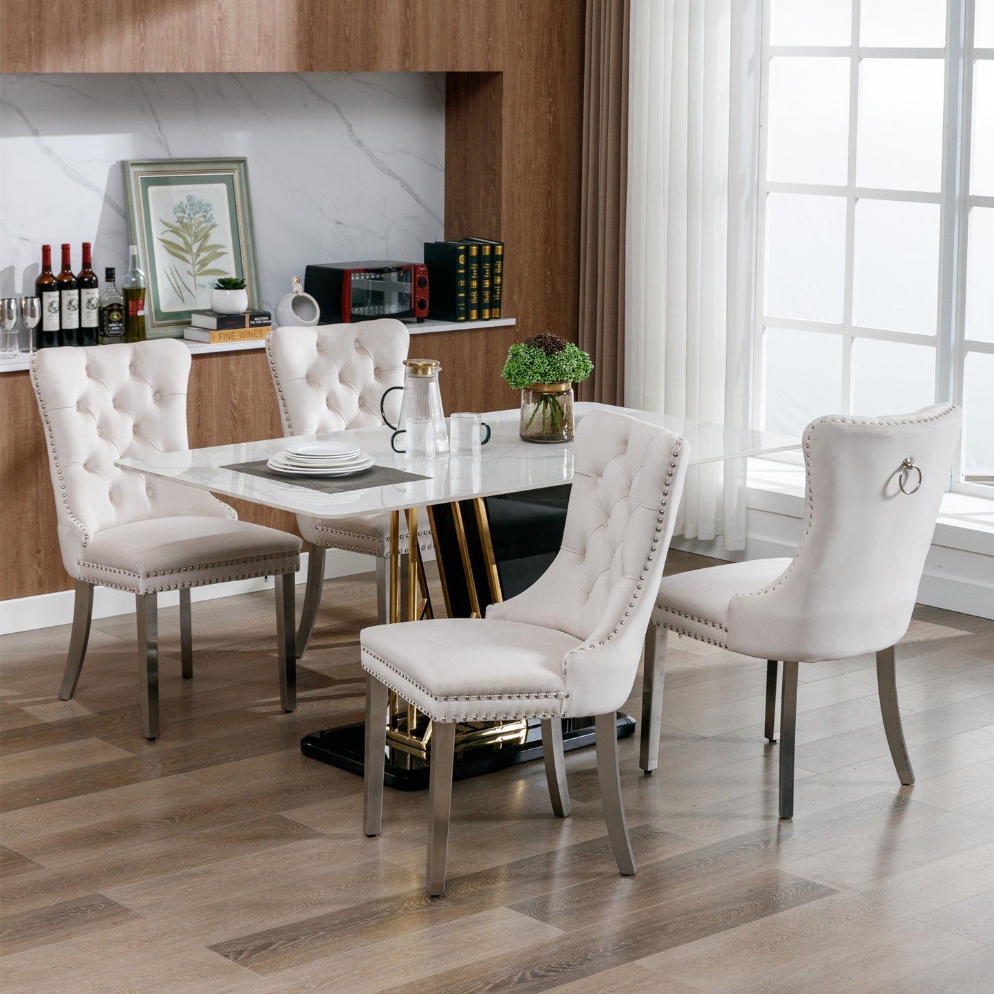 Nikki - Modern, High-End Tufted Solid Wood Contemporary Velvet Upholstered Dining Chair With Chrome Stainless Steel Plating Legs, Nailhead Trim (Set of 2) - Beige