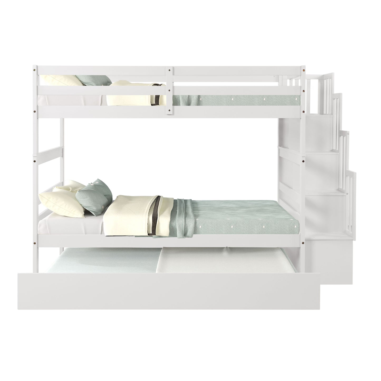 Twin Over Twin Bunk Beds With Twin Trundle And Stairway Storage Function - White