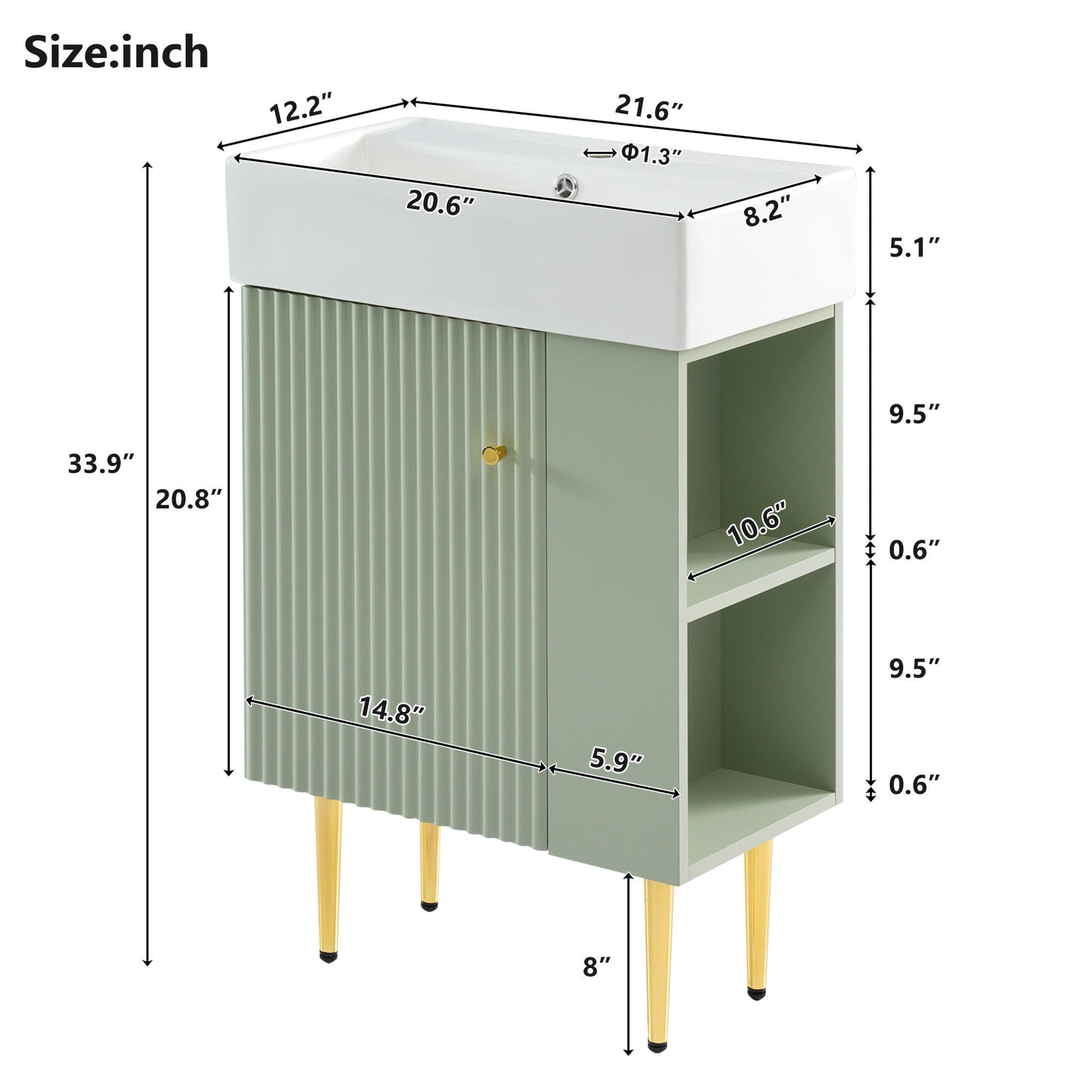 Bathroom Vanity, Combo Cabinet, Bathroom Storage Cabinet, Single Ceramic Sink, Right Side Storage - Green