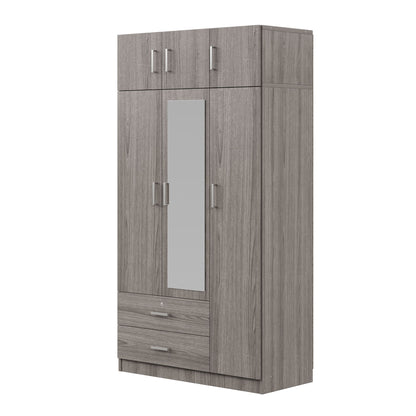 Modern 3 Door Mirror Wardrobe With 2 Drawers And Top Cabinet - Gray