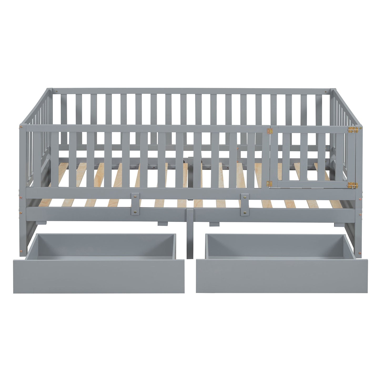 Twin Size Daybed With Fence Guardrails And 2 Drawers, Split Into Independent Floor Bed & Daybed - Gray