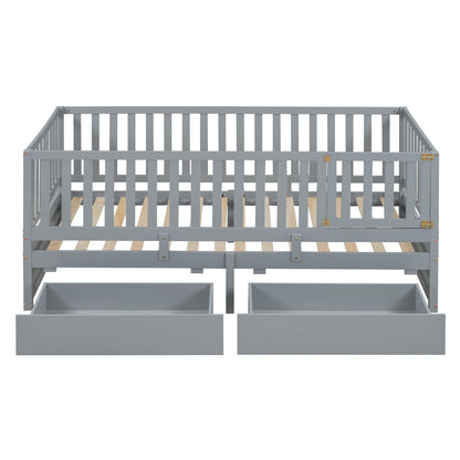 Twin Size Daybed With Fence Guardrails And 2 Drawers, Split Into Independent Floor Bed & Daybed - Gray