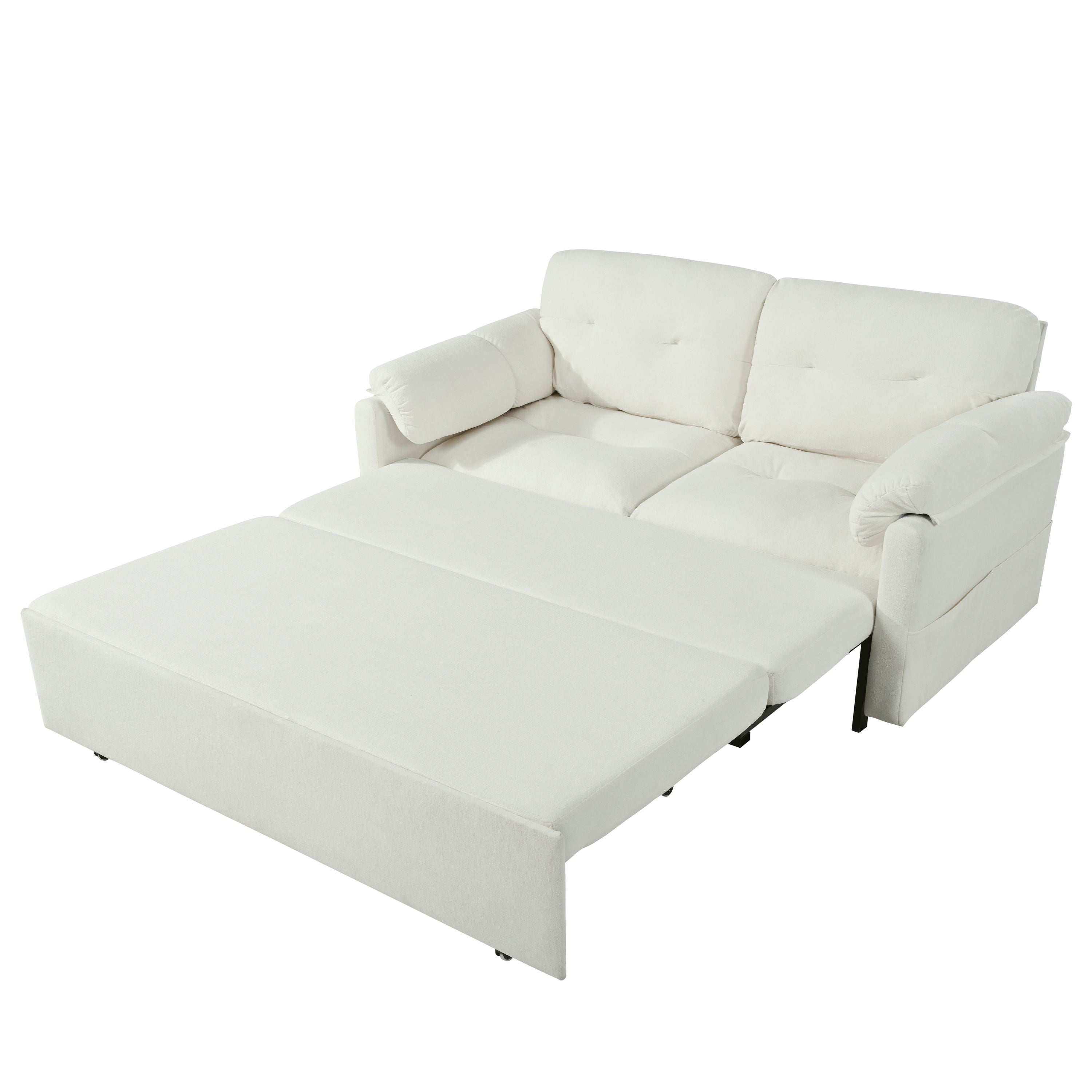 Modern Convertible Sleeper Sofa Bed With Pull Out Queen Design, Side Storage & Thick Cushions Chenille Loveseat For Living Room Or Bedroom 3 In 1 Function - Beige