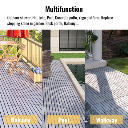 10 Piece Interlocking Deck Tiles Striped Pattern, Square Acacia Hardwood Outdoor Flooring For Patio, Bancony, Pool Side - Light Gray