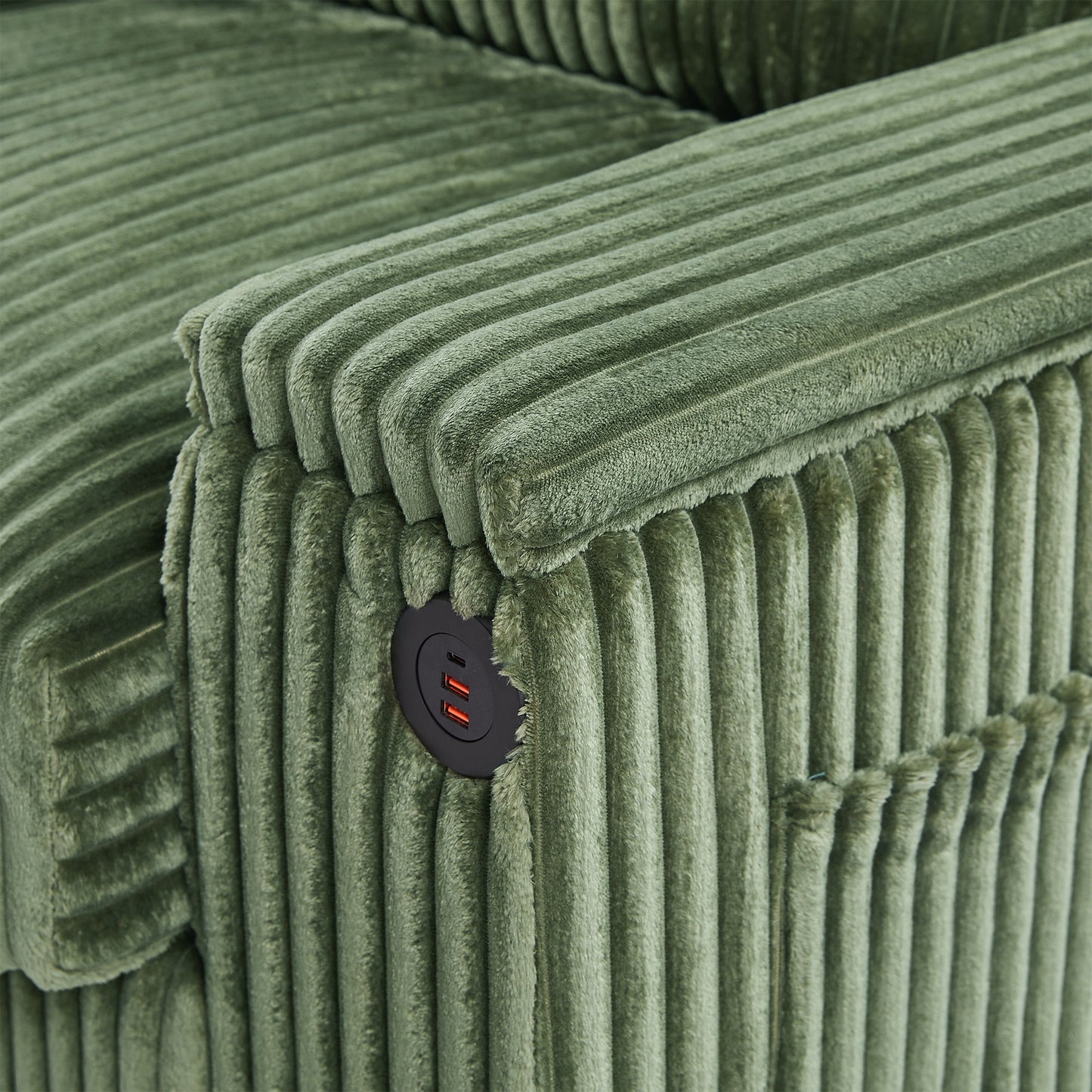 Modern 4 Seater Corduroy Sofa With USB Ports, Hidden Storage Arms, Flip Top Cup Holders - Green