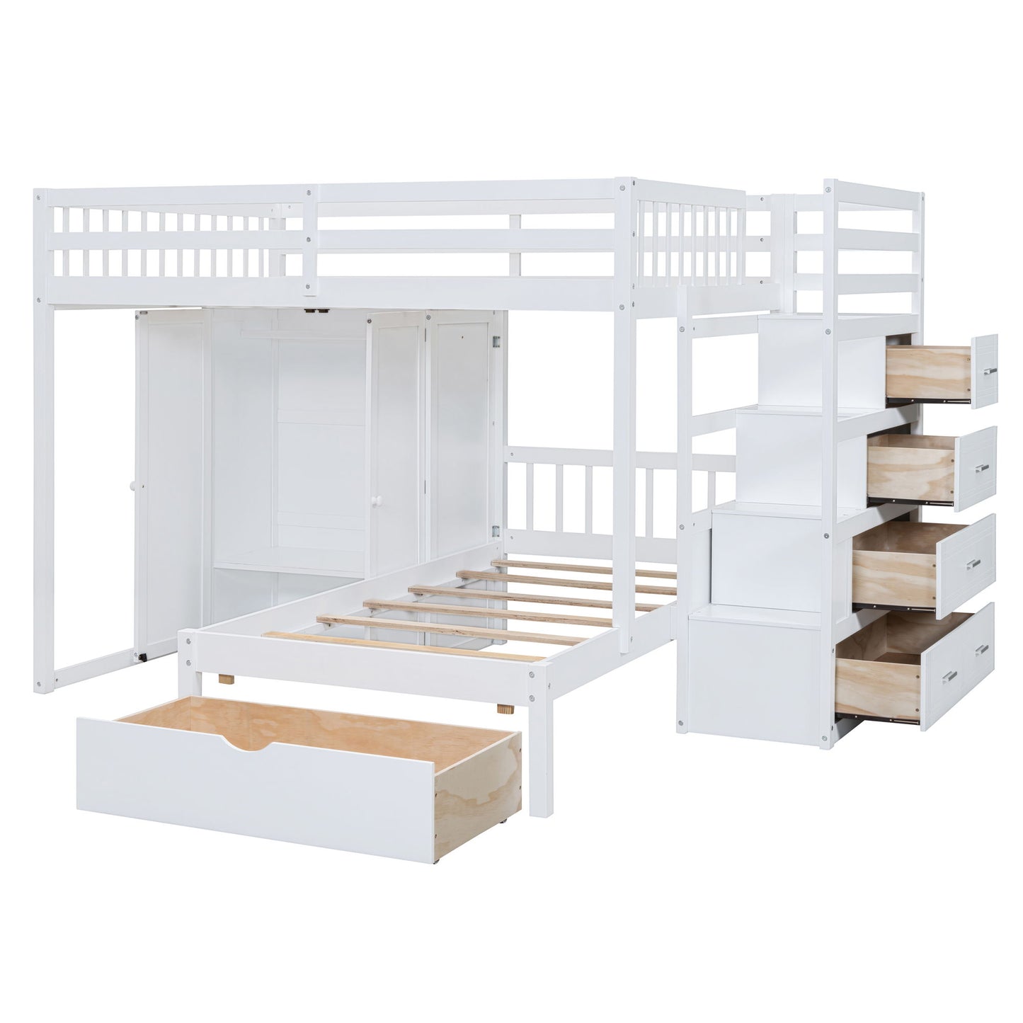 Full Over Twin Bunk Bed With Wardrobe, Drawers - White