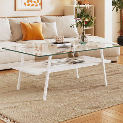 Rectangle Coffee Table, Tempered Glass Tabletop With Metal Legs, Modern Table For Living Room - Transparent / White