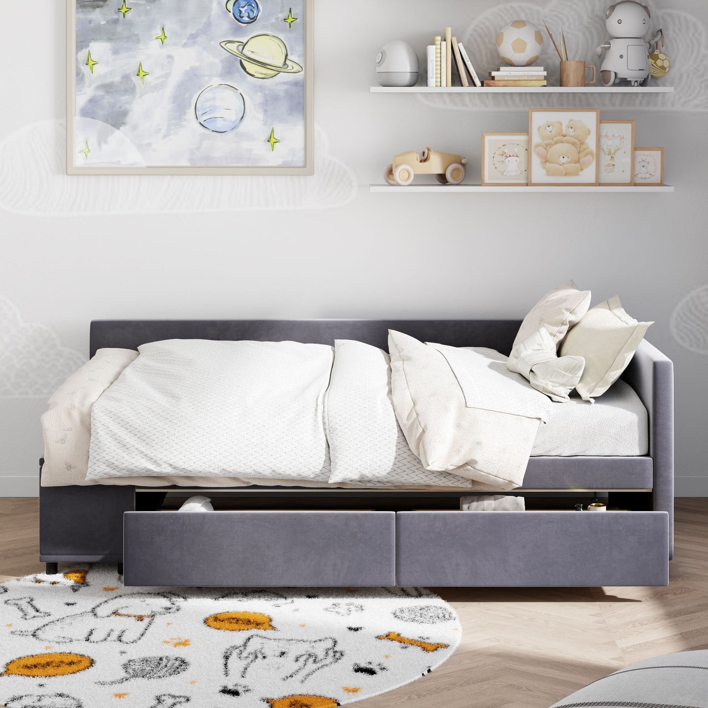 Twin L Shaped Upholstered Platform Bed With Storage Drawers - Gray